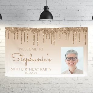 Custom Photo Gold Glitter Drip 50th Birthday Party Banner