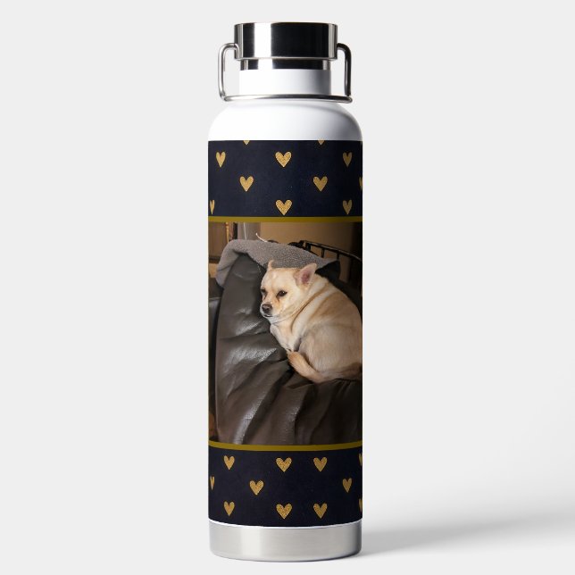 Custom Photo Gold Hearts Background Water Bottle (Back)
