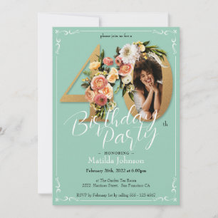 Custom Photo Gold Mint Floral 40th Birthday  Invitation