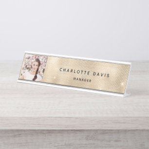 Custom photo gold monogram modern desk name plate