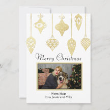 Custom Photo Gold Ornaments Flat Holiday Card