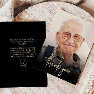 Custom Photo Gold Script 90th Birthday Party Thank You Card
