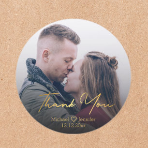  Custom Photo Gold Script Wedding Thank You  Classic Round Sticker