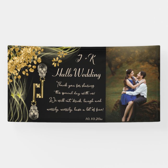 Custom Photo Gold Skulls Halloween Wedding Banner (Horizontal)