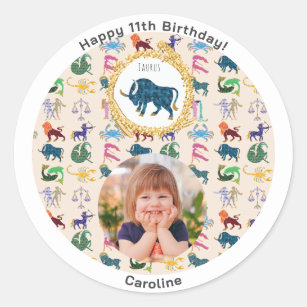Custom Photo & Gold Taurus Happy Birthday Classic Round Sticker