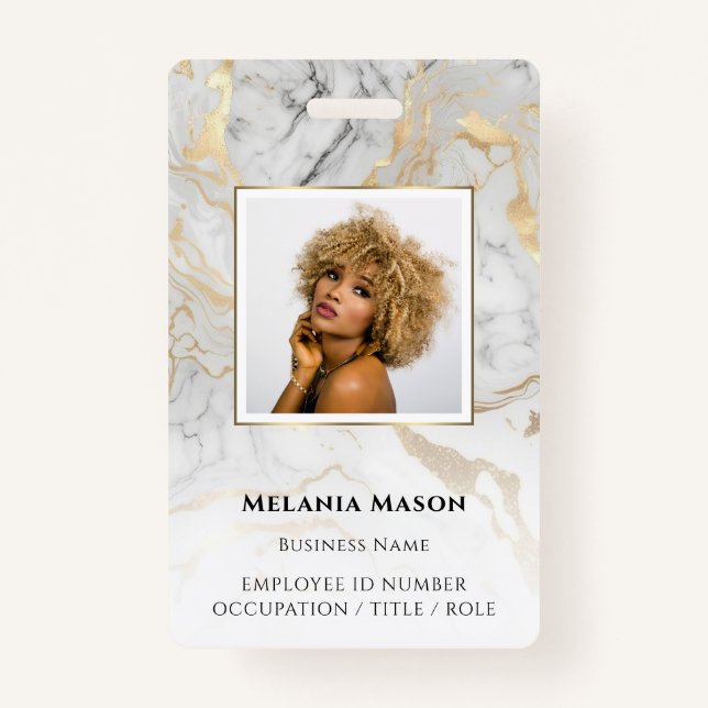 Custom Photo Gold White Marble Elegant Staff  Badge (Front)