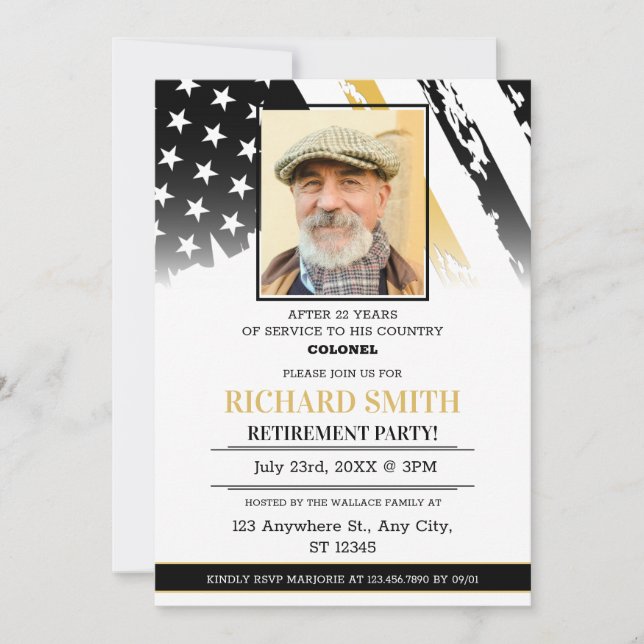 Custom Photo |  Golden Line Military Retirement  Invitation (Front)