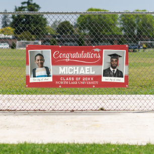 Custom Photo Graduation Banner, Red Then and Now Banner