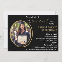 Custom Photo Graduation Black, White & Gold Party  Announcement