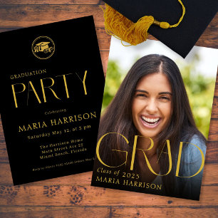 Custom Photo Graduation Gold on Black Invitation
