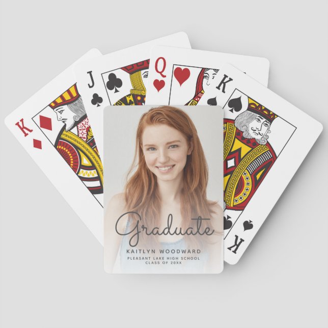 Custom Photo Graduation Grey Handwriting Playing Cards (Back)