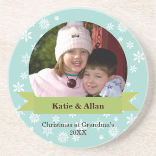 Custom photo green banner snow flakes Christmas Coaster