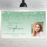 Custom Photo Green Glitter Drip 18th Birthday Banner<br><div class="desc">Welcome guests with this chic, glamourous 18th birthday party photo banner, featuring a sparkly green faux glitter drip border and green ombre background. Easily replace the sample image with a photo of the guest of honour. Personalize it with her name in green handwriting script, with the birthday and date below...</div>