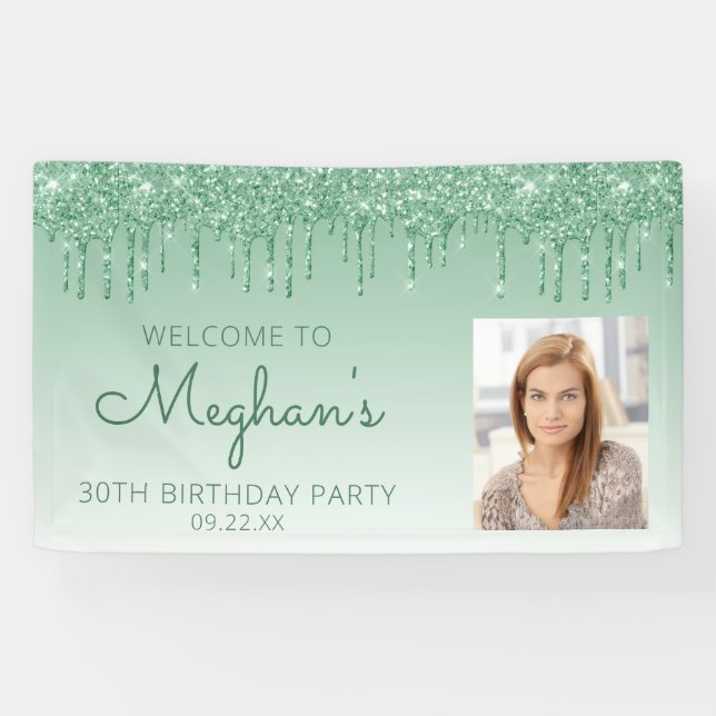 Custom Photo Green Glitter Drip 30th Birthday Banner (Horizontal)