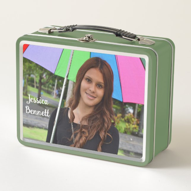 Custom Photo Green Vegetables Fruits Pattern Vegan Metal Lunch Box (Front)