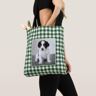 Custom Photo Green White Gingham Check Pattern Tote Bag