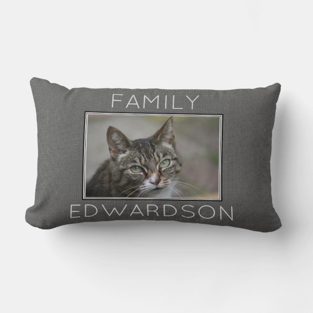 Custom photo grey burlap family monogram name lumbar pillow (Front)