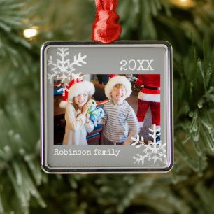 Custom Photo Grey Ornament with Snowflakes