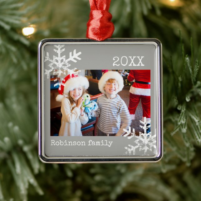 Custom Photo Grey Ornament with Snowflakes (Tree)