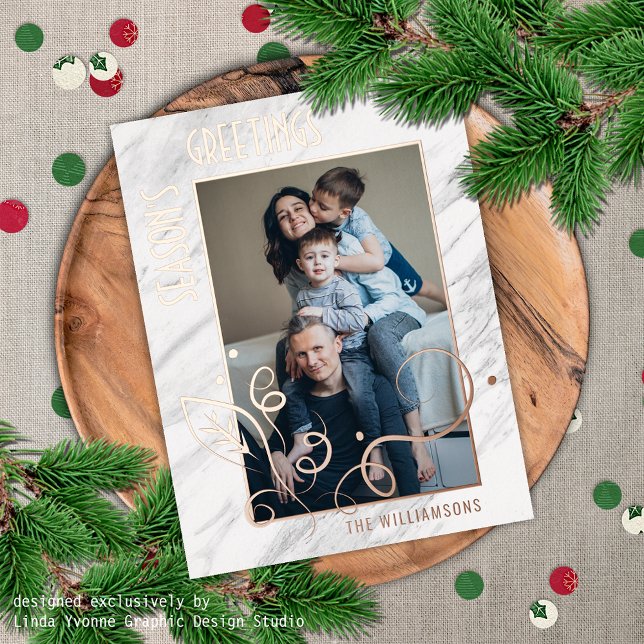 Custom Photo Grey White Marble Pattern Rose Gold Foil Holiday Postcard (Creator Uploaded)