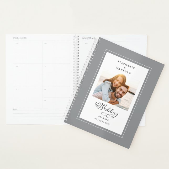 Custom Photo Grey White Wedding Elegant Script Planner (Display)