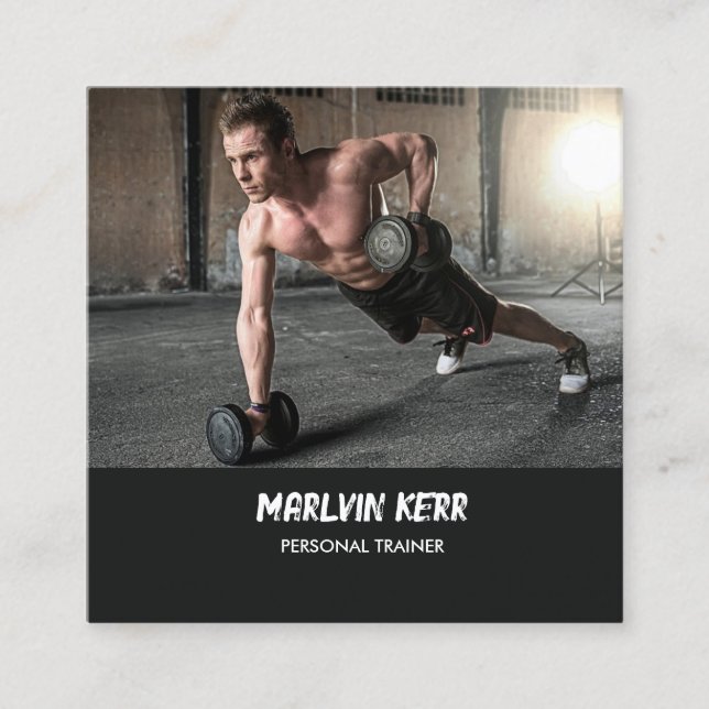 Custom photo gym grey square business card (Front)