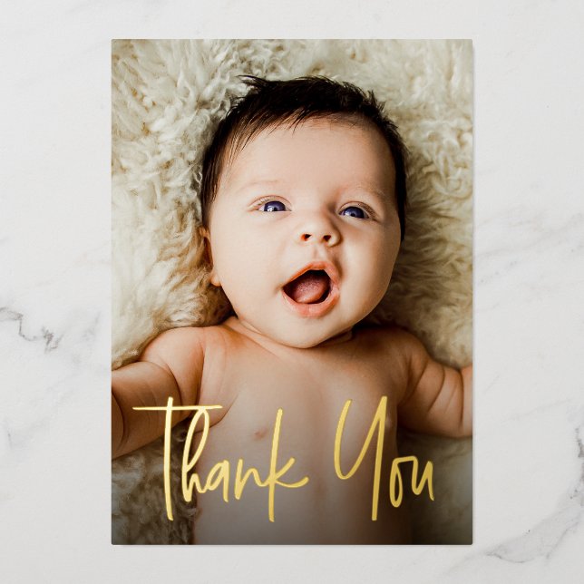 Custom Photo Handlettering Baby Shower Thank you Foil Holiday Card (Front)