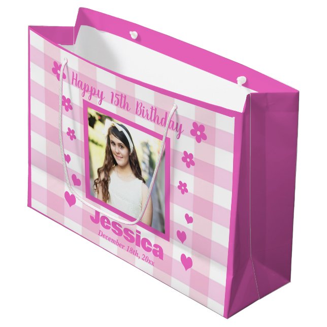 Custom Photo Happy 15th Birthday Pink White Plaid Large Gift Bag (Front Angled)