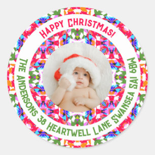 Custom Photo Happy Christmas Colourful Address Classic Round Sticker