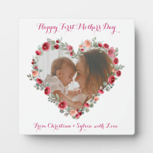 Custom Photo Happy First Mother's Day Floral Heart Plaque