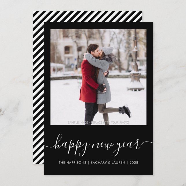 Custom Photo Happy New Year Black White Script Holiday Card (Front/Back)