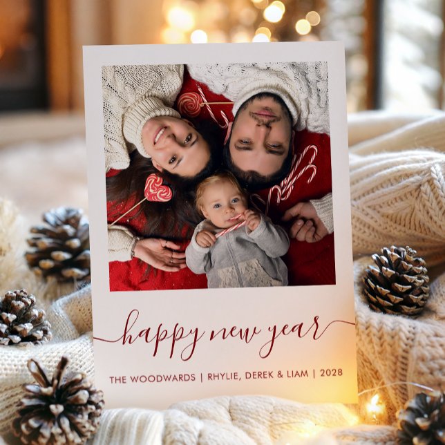 Custom Photo Happy New Year Dark Red Script Holida Holiday Card (Creator Uploaded)