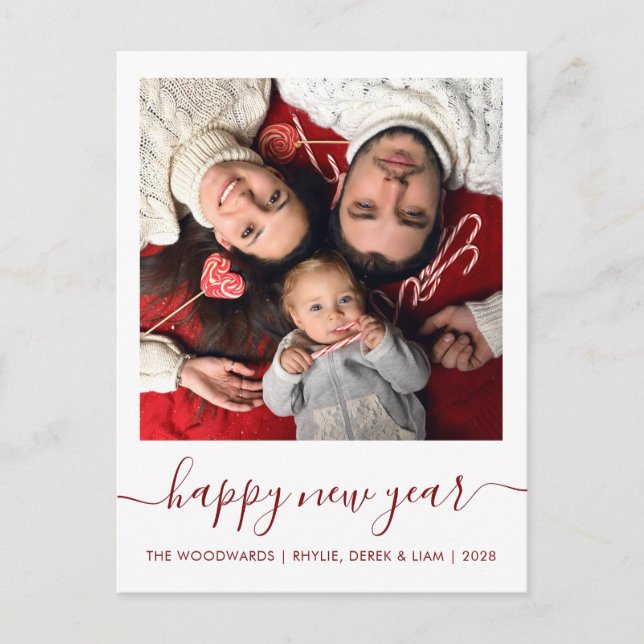 Custom Photo Happy New Year Dark Red Script Holiday Postcard (Front)