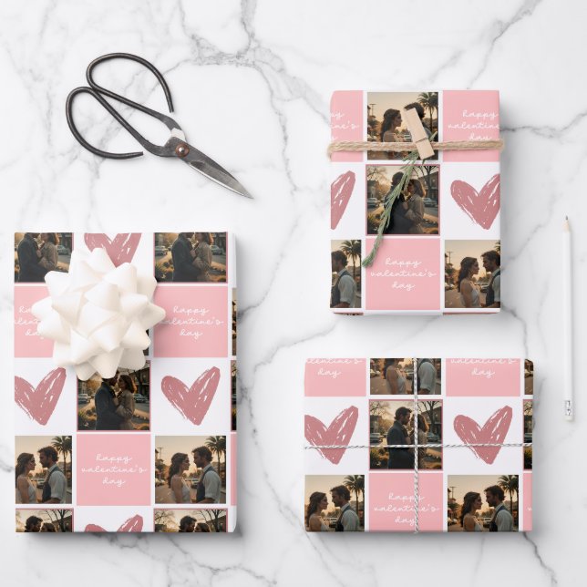 Custom Photo Happy Valentine's Day Hearts Pattern Wrapping Paper Sheet (Front)