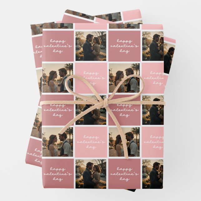 Custom Photo Happy Valentine's Day Pink Pattern Wrapping Paper Sheet (In situ)