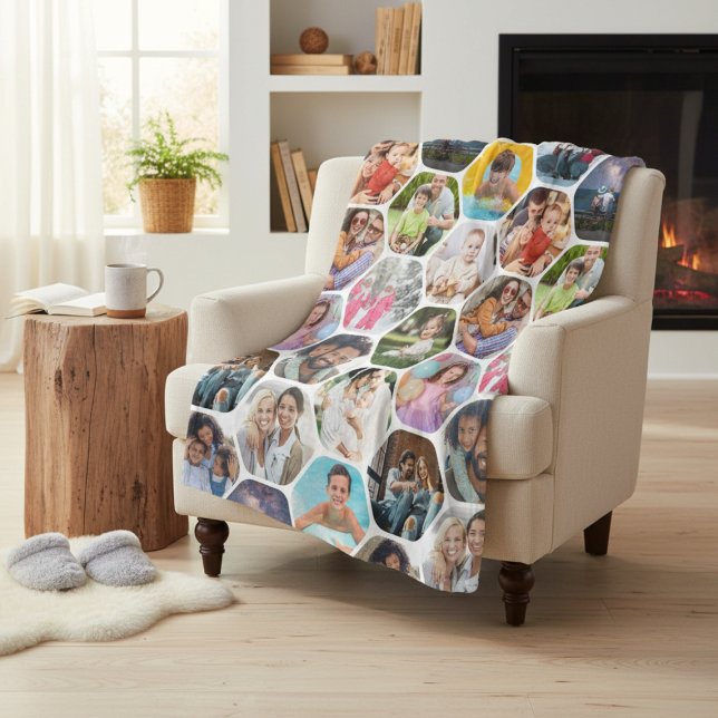 Custom Photo Hexagon Collage Memory Gift Fleece Blanket (Creator Uploaded)