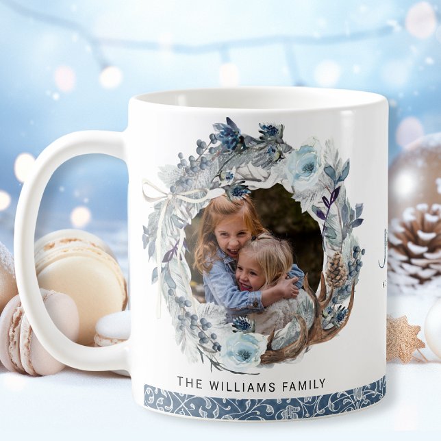Custom Photo, Holiday Blue and Silver Wreath Coffee Mug (Creator Uploaded)