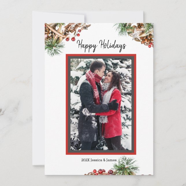 Custom Photo Holiday Card with Pine BoughFlat Card (Front)