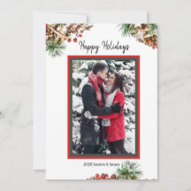 Custom Photo Holiday Card with Pine BoughFlat Card