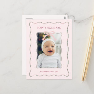Custom Photo Holiday Postcard Bow Squiggly Frame