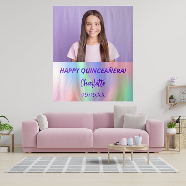 Custom photo holographic Quinceanera party welcome Tapestry (Creator Uploaded)