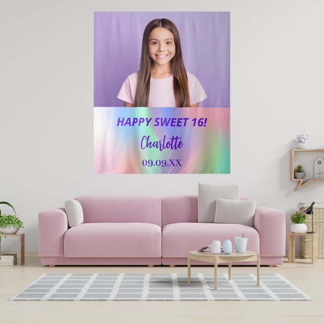 Custom photo holographic Sweet 16 party welcome Tapestry (Creator Uploaded)