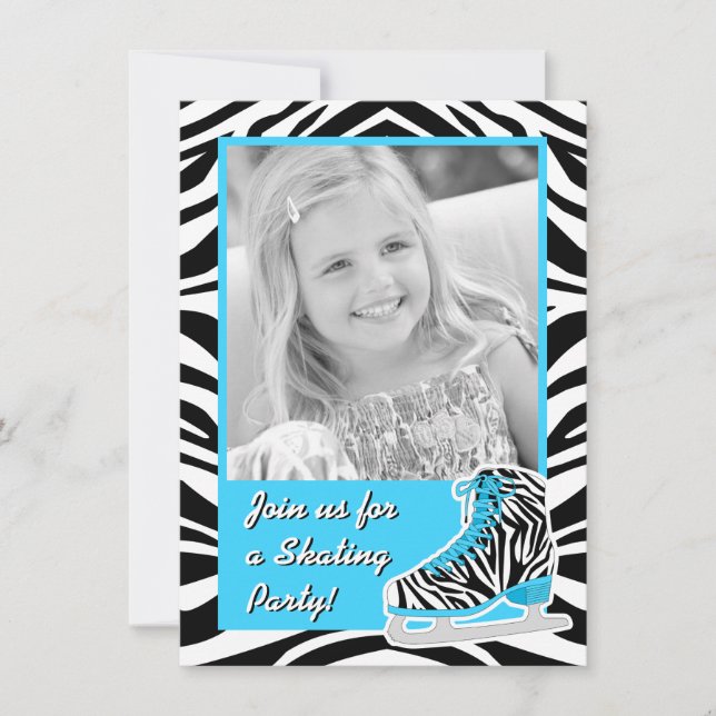 Custom Photo Ice Skating Blue Zebra Birthday Party Invitation (Front)