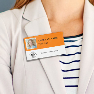 Custom Photo ID Logo Magnetic Large Orange White Name Tag