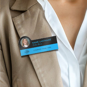 Custom Photo ID Logo Modern Sky Blue Black Simple Name Tag