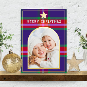 Custom Photo in an Arch Frame with Plaid Christmas Foil Holiday Card