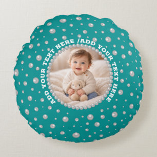 Custom Photo in Pearl Circle on Cyan-Green Round Pillow