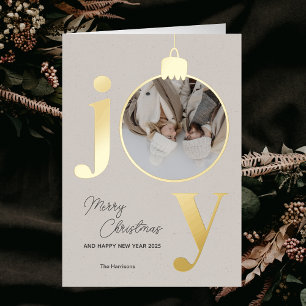Custom Photo JOY White Christmas Bell Holiday Foil Greeting Card