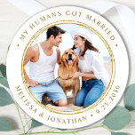 Custom Photo Just Married Elegant Gold Wedding Classic Round Sticker<br><div class="desc">Add the finishing touch to your dog wedding announcements with these custom photo, and personalized 'My Humans Got Married stickers. Customize with your favourite photo,  names and date. COPYRIGHT © 2020 Judy Burrows,  Black Dog Art - All Rights Reserved. Custom Photo Just Married Elegant Gold Wedding Classic Round Sticker</div>