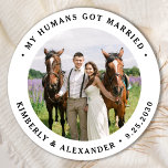 Custom Photo Just Married Personalized Wedding Classic Round Sticker<br><div class="desc">Add the finishing touch to your pet wedding announcements with these custom photo, and personalized 'My Humans Got Married stickers. Customize with your favourite photo,  names and date. COPYRIGHT © 2020 Judy Burrows,  Black Dog Art - All Rights Reserved. Custom Photo Just Married Personalized Wedding Classic Round Sticker</div>